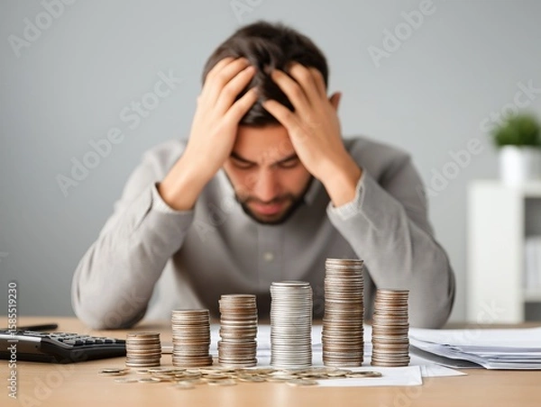 Fototapeta A man, consumed by worry, sits at a desk, his gaze fixed on stacks of coins, symbolizing financial burdens and economic hardship. Generative ai illustration.