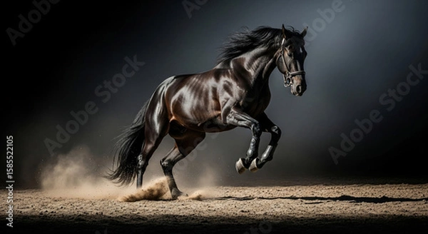 Obraz A dark, powerful horse leaps forward, kicking up dust in a dramatic, dynamic pose against a dark background.