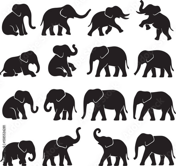 Fototapeta A pack of 20 elephant silhouettes in different poses like walking, playing, and sitting. Great for wildlife art, safari themes, and minimal animal vectors.