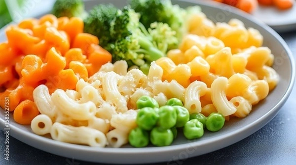 Fototapeta Veggie-packed mac and cheese for kids featuring colorful carrots, peas, and broccoli on a plate