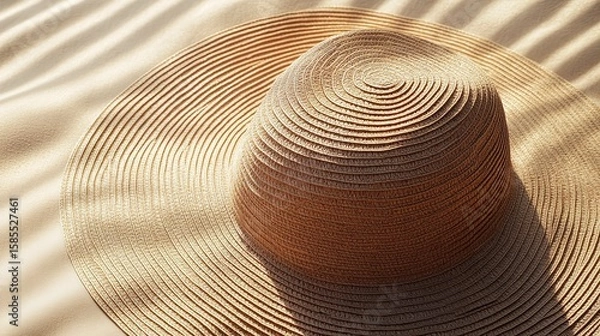 Fototapeta Wide-brimmed hat resting on a sunlit surface offering protection from UV rays during summer days