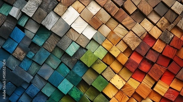Fototapeta Wooden mosaic art crafted from diverse wood types showcasing intricate designs and vibrant colors