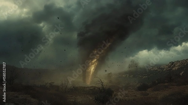 Fototapeta Tornado forms under dark, swirling clouds in desolate landscape