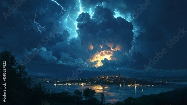 Fototapeta Illuminated thunderclouds light up the sky over a tranquil coastal town at night