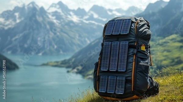 Fototapeta Travel backpack equipped with solar panels rests against a beautiful mountain backdrop by the lake