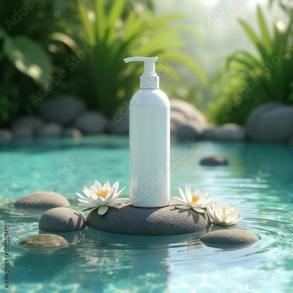 Obraz Serene Skincare Oasis: A clean, modern skincare bottle is cradled amidst an artistic arrangement of smooth river stones and delicate water lilies, poised gently on a serene, rippling water feature.
