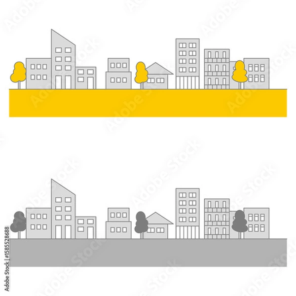 Obraz グレーのビルと木々で構成されたシンプルな町並みのイラスト