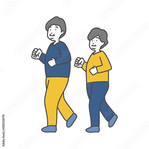 Obraz ぽっちゃりシニア男女のウォーキングイラスト