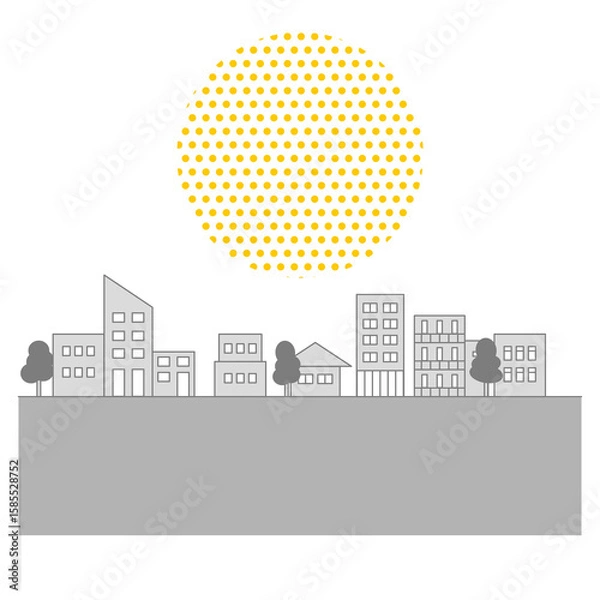Fototapeta グレーのビルと木々で構成されたシンプルな町並みのイラスト