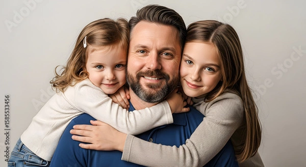 Fototapeta Smiling Father Hugging Two Daughters with Warm Expression
