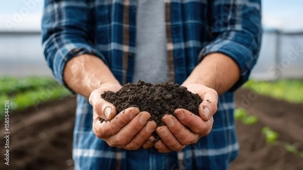 Fototapeta Hands cradling rich, dark soil in a verdant garden setting