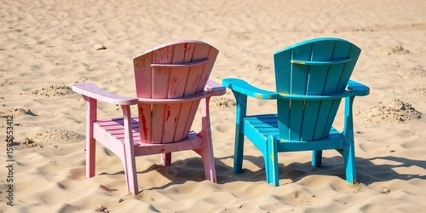 Obraz Two weathered plastic beach chairs sit side-by-side on sandy shore, outdoor, hot