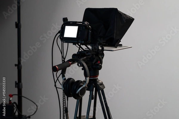 Fototapeta Video camera setup in a studio with a blank display screen. Professional equipment for audiovisual media production. Video shoot for social media and content creation. Behind the scenes template.