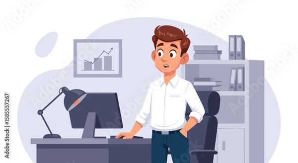 Obraz A young businessman stands confidently at his desk, contemplating his company's financial growth, with a modern office environment in the background.