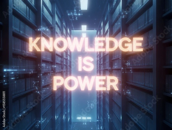 Fototapeta A vast library of knowledge, illuminated by the glow of "Knowledge is Power.