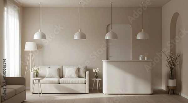 Fototapeta Neutral-toned interior design of a waiting area with a light beige sofa and reception desk. Stylish, minimalist aesthetics with natural light and neutral accents.