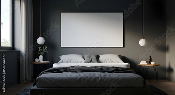 Fototapeta Modern bedroom interior with neutral tones and minimalist design. Empty canvas art piece above a made bed with gray bedding, highlighting a sophisticated and stylish bedroom setting.