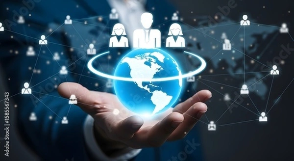 Fototapeta Global network connection business concept with social media and digital marketing plan