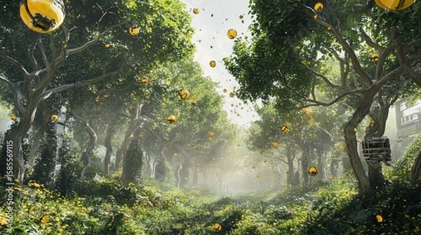 Fototapeta Surreal forest landscape with glowing spheres floating amidst trees and foliage