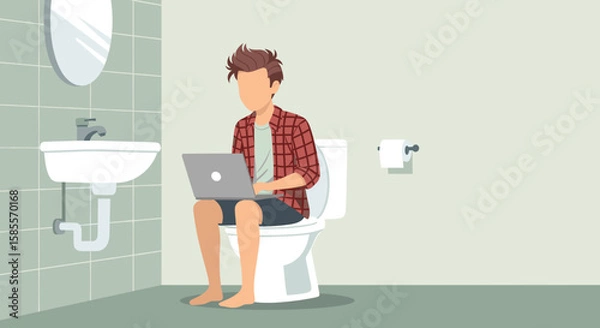 Fototapeta A young man is sitting on the toilet in the bathroom, absorbed in his laptop, illustrating modern work habits and the integration of technology.