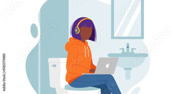Fototapeta A person with purple hair wearing headphones sits on a toilet while working on a laptop, illustrating remote work or multitasking in a home bathroom setting.
