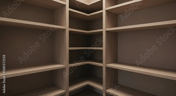 Fototapeta Empty corner wooden shelving unit with multiple shelves. Interior design element with neutral tones for storage or display.