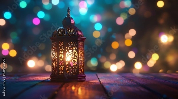 Fototapeta Enchanting lantern aglow on wooden planks, casting a mystical bokeh spell