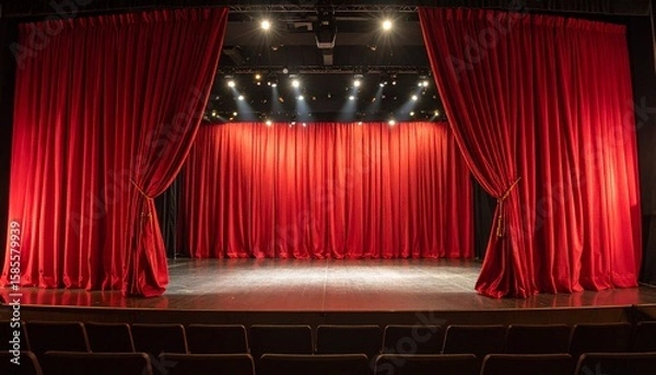 Obraz 赤色のカーテンと舞台・劇場　スポットライト