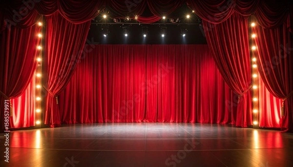 Obraz 赤色のカーテンと舞台・劇場　スポットライト