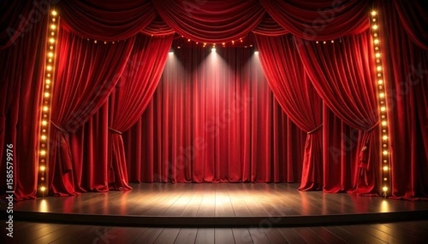 Obraz 赤色のカーテンと舞台・劇場　スポットライト
