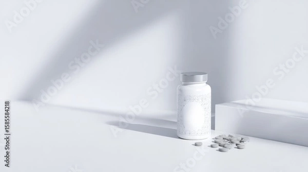 Obraz White Pills and Minimalist Bottle on White Surface with Shadows