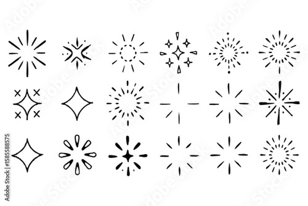 Fototapeta Collection of hand drawn starbursts and sparkle elements in black and white