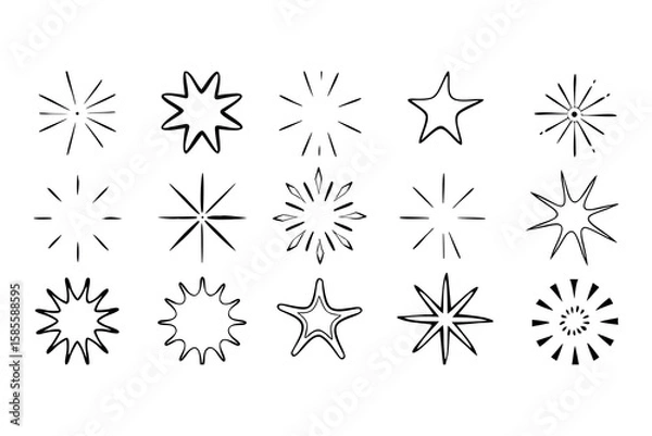 Fototapeta Collection of hand drawn starbursts and sparkle elements in black and white