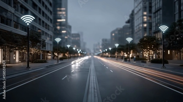 Obraz Street Lights with WiFi Icons in Smart Connected City Environment