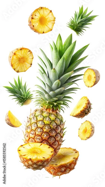 Fototapeta flying pineapple slices isolated on transparent white background, clipping path