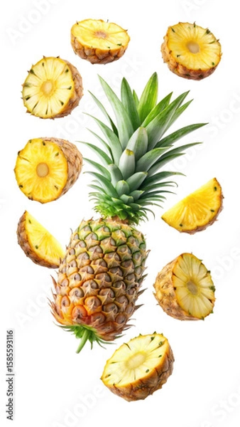 Fototapeta flying pineapple slices isolated on transparent white background, clipping path