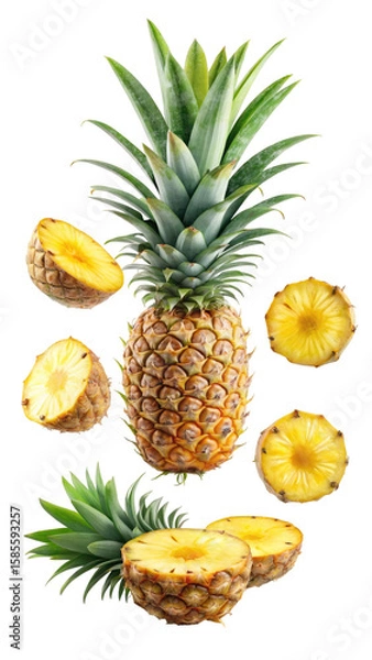 Fototapeta flying pineapple slices isolated on transparent white background, clipping path