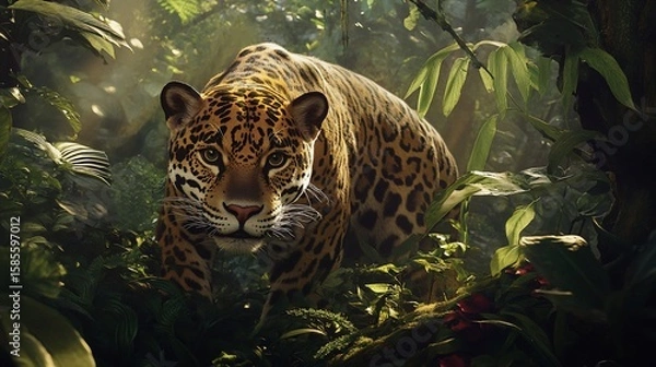 Fototapeta Jaguar in a Dense Jungle Undergrowth, Lurking in shadows and plants