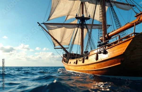 Fototapeta A classic sailing ship with billowing sails navigating open ocean waters under a bright blue sky