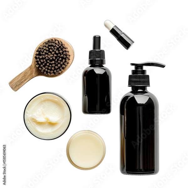 Fototapeta A flatlay showcasing grooming products a wooden brush, two dark bottles (one pump, one dropper), two small jars of cream, and a roll-on applicator