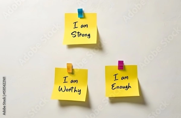 Fototapeta Three note paper on white background written I AM STRONG, I AM WORTHY, I AM ENOUGH - powerful self talk positive affirmations to boost self confidence in daily life