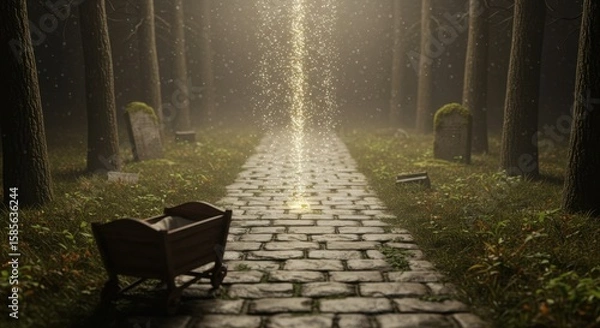Fototapeta Mystical Forest Path: A Cradle's Journey Through an Enigmatic Graveyard at Dawn