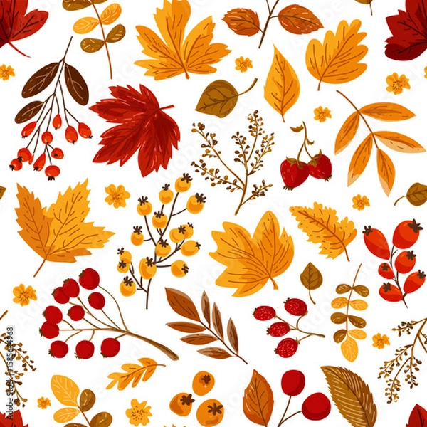 Fototapeta Seamless pattern with autumn leaves and berries. Ideal for wallpaper, gift paper, textiles, greeting cards. Vector illustration