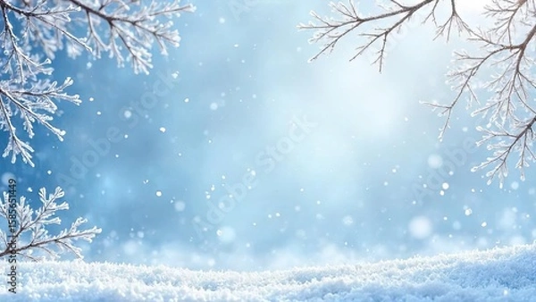 Fototapeta A serene winter landscape with soft snow covering the ground. Frosty branches are visible, creating a tranquil atmosphere. Ideal for text overlay.