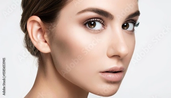 Fototapeta Close-up of a young Caucasian woman with light brown hair and natural makeup. She has a smooth complexion and defined eyebrows.