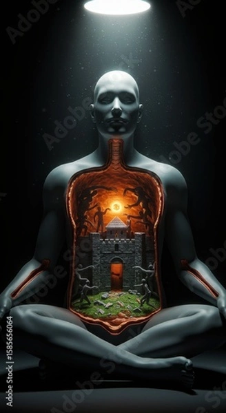 Fototapeta Inner Turmoil: A Surreal 3D Render of a Meditating Figure with a Castle Under Siege Within