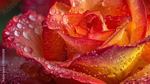 Fototapeta Close-up of a vibrant red and orange rose with water droplets on its petals. The flower showcases intricate details and textures, ideal for wedding or holiday themes.