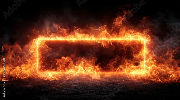 Fototapeta A vibrant orange hot fire frame border with dynamic flames surrounding an empty caption space in the middle. The fiery border creates a bold and intense visual effect, perfect for dramatic or energeti