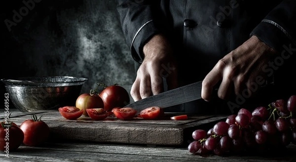Fototapeta Chef's hands slicing tomatoes on a wooden board (1)