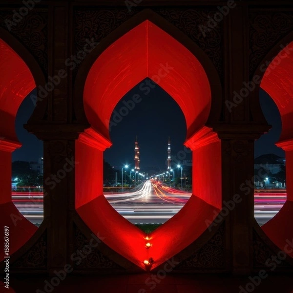 Fototapeta Night Lights Through Red Archway: A Scenic Cityscape View at Night